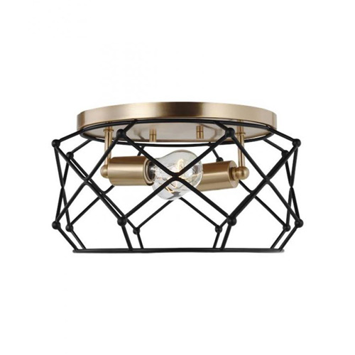 Zarra Collection 2-Light Flush Mount in Satin Brass with Midnight Black Cage Sea Gull Lighting 7534102-848